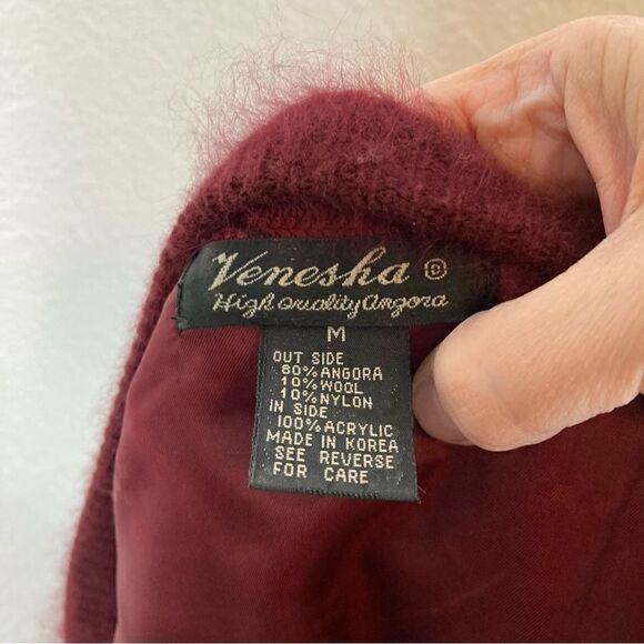 Vintage Venesha Retro burgundy Angora hook closure midi fuzzy coat M - Picture 6 of 7
